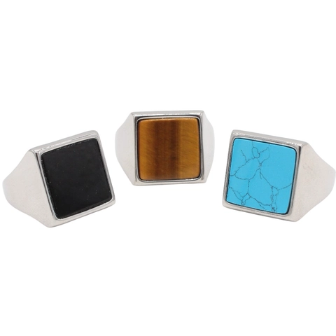 Men's Fashion Square Gemstone Titanium Steel Ring Minimalist Signet Ring Vintage Black Tiger Eye Turquoise Polished Jewelry