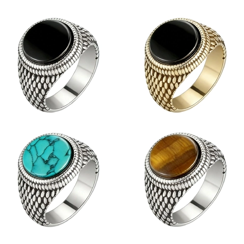 Vintage Men Titanium Steel Ring Round Black Onyx Turquoise Tiger Eye Stone Inlaid Fish Scale Texture Band Jewelry