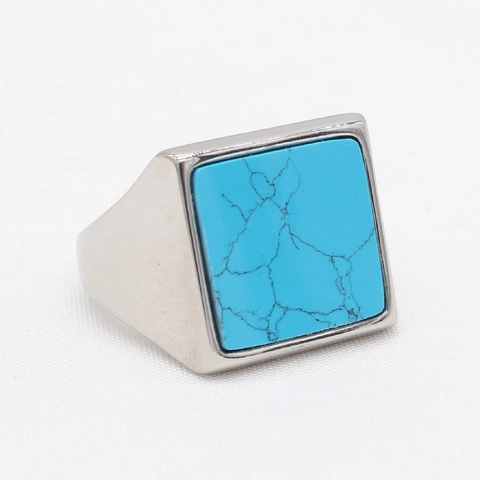 Men's Fashion Square Gemstone Titanium Steel Ring Minimalist Signet Ring Vintage Black Tiger Eye Turquoise Polished Jewelry
