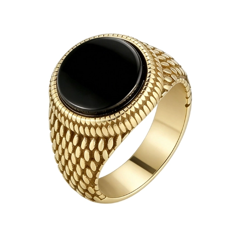 Vintage Men Titanium Steel Ring Round Black Onyx Turquoise Tiger Eye Stone Inlaid Fish Scale Texture Band Jewelry