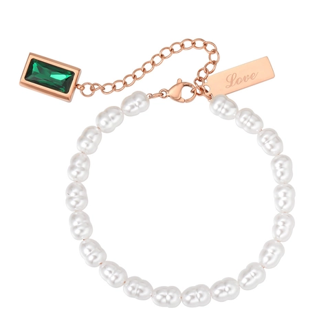 Bracciale da Donna Elegante in Acciaio al Titanio con Perle Artificiali e Ciondolo in Strass Verde Targhetta Love Gioielli