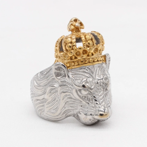 Men's Vintage Lion Head Crown Ring Stainless Steel Two Tone Gold Silver Punk Gothic Animal Biker Finger Ring Fashion Jewelry