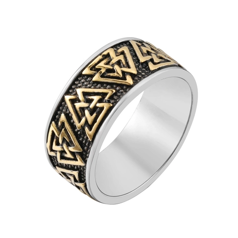Anillo Vikingo Valknut de Acero de Titanio para Hombre Retro Mitología Nórdica Patrón de Triángulo Anillo Geométrico Joyería