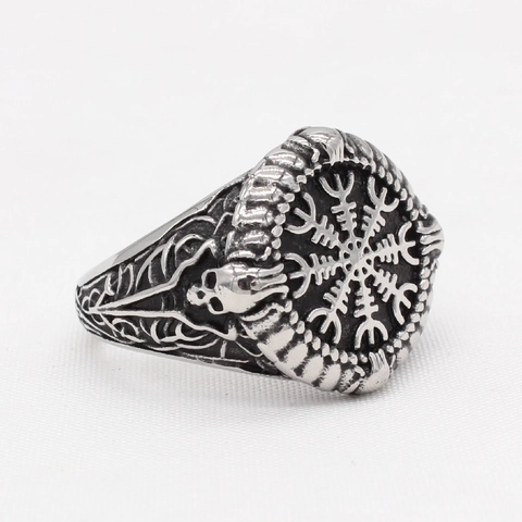 Anillo Vikingo Hombre de Acero de Titanio Retro Símbolo Vegvisir Nórdico Calavera Gótica Relieve Plata Antigua Punk Anillo