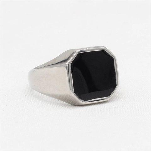 Anillo de Sello para Hombre de Acero de Titanio Minimalista Cuadrado con Incrustación de Epoxi Negro Pulido Joyería de Moda