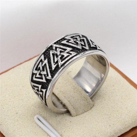 Anillo Vikingo Valknut de Acero de Titanio para Hombre Retro Mitología Nórdica Patrón de Triángulo Anillo Geométrico Joyería