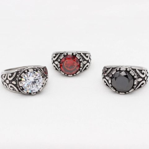 Vintage Titanium Staal Ring Voor Heren Dames Gotisch Krulpatroon Rond Rood Zwart Wit Strass Mode Sieraden Ring