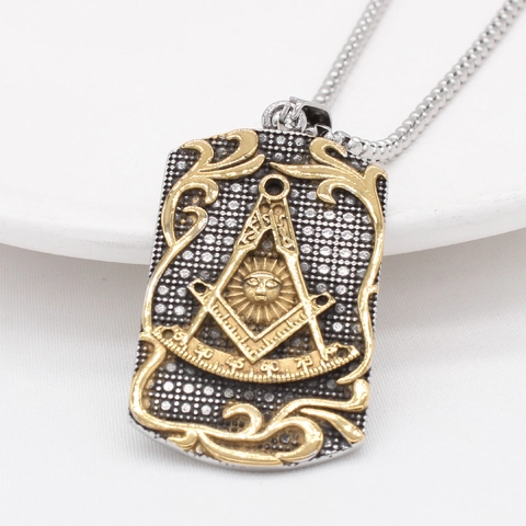 Vintage Freemasonry Square And Compass Stainless Steel Dog Tag Pendant Men Two Tone Gold Silver Religious Charm No Chain
