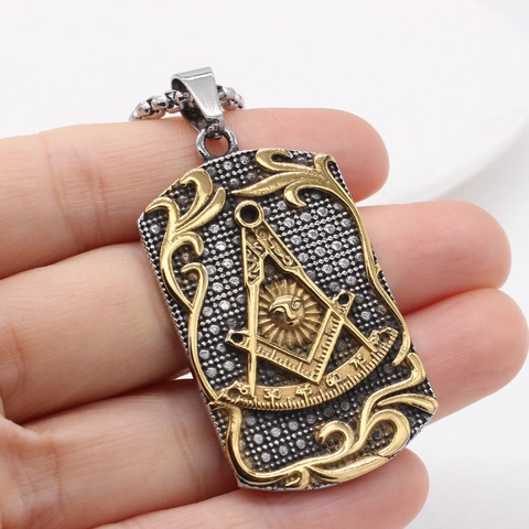 Vintage Freemasonry Square And Compass Stainless Steel Dog Tag Pendant Men Two Tone Gold Silver Religious Charm No Chain