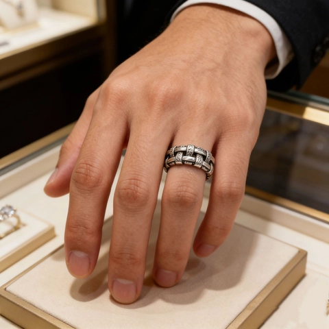 Anillo Trenzado de Acero de Titanio Envejecido Vintage para Hombre Banda Ancha con Patrón Tallado Gótico Anillo de Moda Punk Personalizado