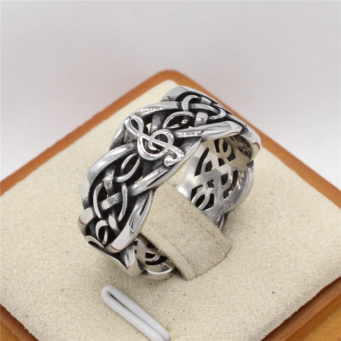 Anillo de Acero de Titanio Vintage para Hombre Nota Musical Nudo Celta Anillo de Banda Clave de Sol Retro Joyería Punk