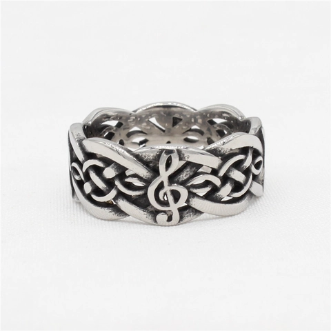 Anillo de Acero de Titanio Vintage para Hombre Nota Musical Nudo Celta Anillo de Banda Clave de Sol Retro Joyería Punk