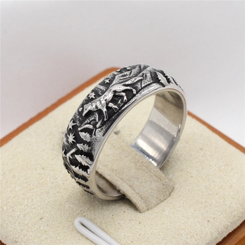 Retro Heren Titanium Staal Wolf Ring Reliëf Bos Sterrenhemel Punk Stijl Antiek Zilver Roestvrij Staal Band Ring Sieraden