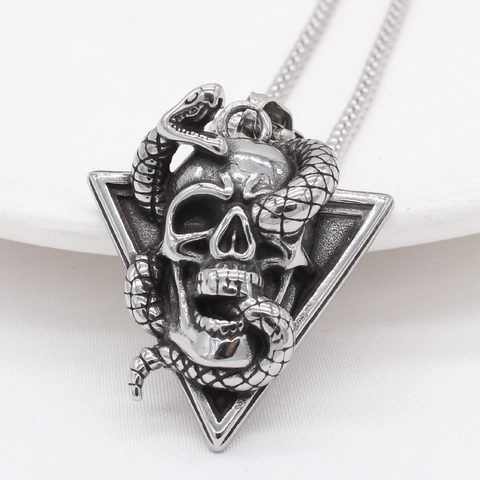 Collana con Ciondolo a Teschio e Serpente Gotico Retrò in Acciaio Inossidabile per Uomo Gioielli Punk (Senza Catena)