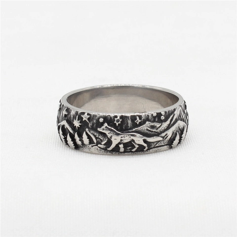 Retro Heren Titanium Staal Wolf Ring Reliëf Bos Sterrenhemel Punk Stijl Antiek Zilver Roestvrij Staal Band Ring Sieraden
