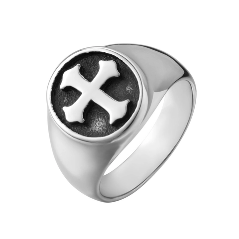 Anello Sigillo in Acciaio al Titanio con Croce di Malta Vintage Punk per Uomo Simbolo Religioso a Rilievo Gotico Argento Nero