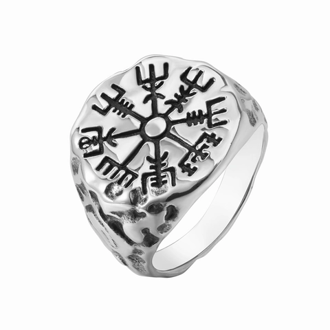 Anillo de Acero Inoxidable Vikingo Vegvisir Brújula para Hombre Gótico Textura Martillada Runa Nórdica Anillo de Sello Joyería
