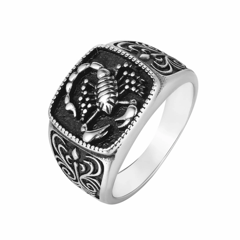 Vintage Titanium Staal Schorpioen Reliëf Zegelring Voor Heren Gothic Punk Geoxideerd Gezwart Vierkant Gezicht Sieraden Ring