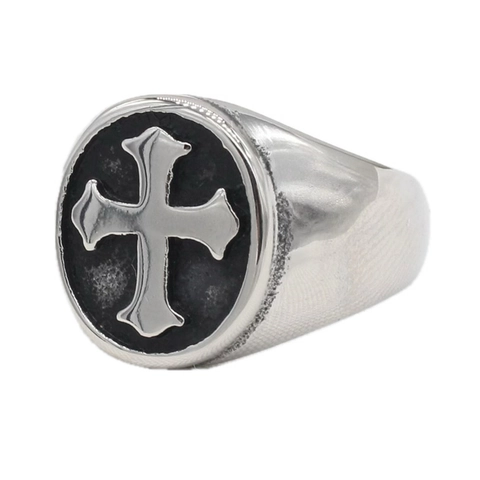 Anello Sigillo in Acciaio al Titanio con Croce di Malta Vintage Punk per Uomo Simbolo Religioso a Rilievo Gotico Argento Nero