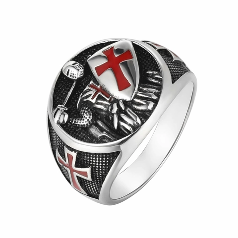 Anillo de Caballero Medieval Retro Escudo de Cruzado Para Hombre Acero Inoxidable Cruz Roja Esmalte Sello Anillo Punk Gótico