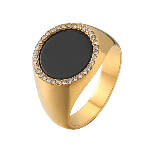 Vintage Stainless Steel Signet Ring For Men Women Gold Silver Plated Black Green Artificial Stone Rhinestone Inlaid Ring