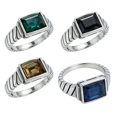 Anillo Vintage para Hombre de Acero Inoxidable Corte Esmeralda Gema de Diamante de Imitación Rectangular Textura de Cable Anillo de Personalidad Envejecido