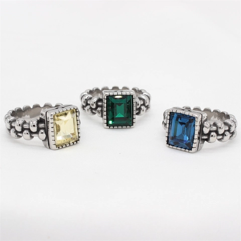 Vintage Stainless Steel Ring for Men Women Industrial Style Rectangle Rhinestone Inlaid Band Retro Bohemian Jewelry Gift