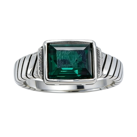 Anillo Vintage para Hombre de Acero Inoxidable Corte Esmeralda Gema de Diamante de Imitación Rectangular Textura de Cable Anillo de Personalidad Envejecido