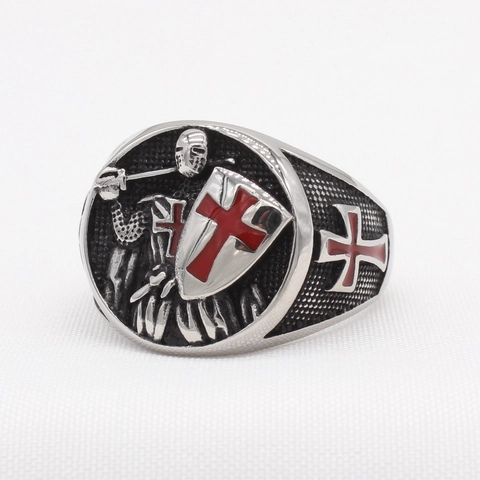 Anillo de Caballero Medieval Retro Escudo de Cruzado Para Hombre Acero Inoxidable Cruz Roja Esmalte Sello Anillo Punk Gótico