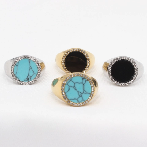 Vintage Stainless Steel Signet Ring For Men Women Gold Silver Plated Black Green Artificial Stone Rhinestone Inlaid Ring