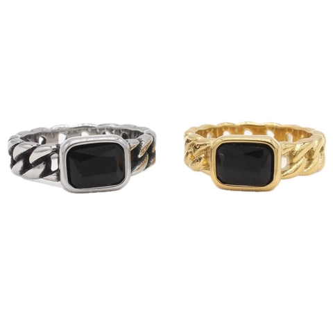 Vintage Titanium Steel Cuban Chain Ring For Men Women Black Rhinestone Inlaid Antique Finish Retro Geometric Band Ring Jewelry