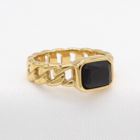 Vintage Titanium Steel Cuban Chain Ring For Men Women Black Rhinestone Inlaid Antique Finish Retro Geometric Band Ring Jewelry