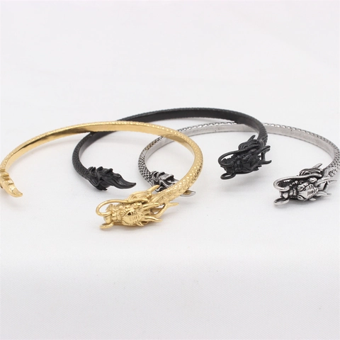 Brazalete Abierto de Cabeza de Dragón Vintage para Hombre Acero de Titanio Patrón de Escamas de Dragón Joyas Punk Góticas