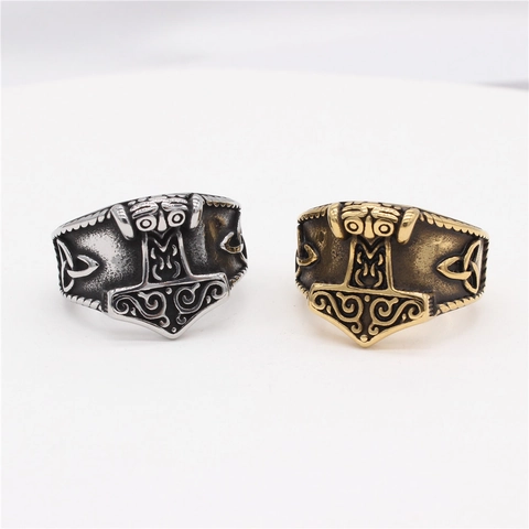 Anillo de Martillo de Thor Mjolnir de Acero de Titanio Vintage para Hombre Nudo Celta Vikingo Nórdico Triqueta Punk Biker Joyería Gótica