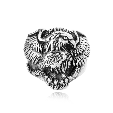 Anello in Acciaio al Titanio con Aquila e Serpente per Uomo Retrò Punk Rilievo Totale Animale Anello a Fascia Biker in Acciaio Inossidabile Gioielli