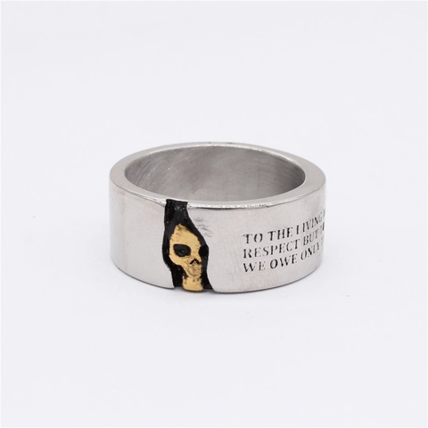Vintage Titanium Steel Skull Ring For Men Gothic Punk Laser Engraved Quote Wide Band Two-tone Gold Silver Color Finger Ring