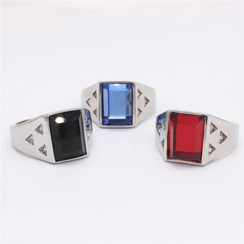 Vintage Titanium Steel Signet Ring For Men Women Rectangle Blue Red Black Rhinestone Inlaid Geometric Triangle Hollow Ring Jewelry
