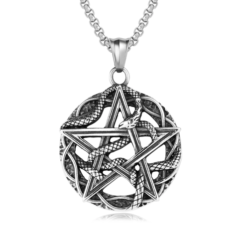 Men Vintage Gothic Schlange Pentagramm Anhänger Halskette Retro Gealtert Titanstahl Rund Hohl Schmuck Für Herren Geschenk