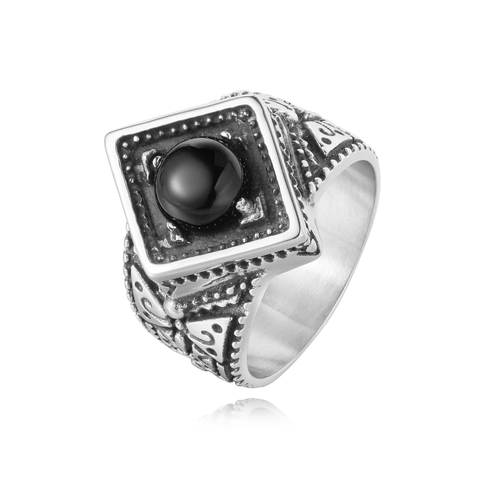 Anello da Uomo Vintage in Acciaio Inossidabile Con Pietra Sintetica Nera Tonda Motivo Geometrico Gotico Punk Inciso Gioielli Regalo