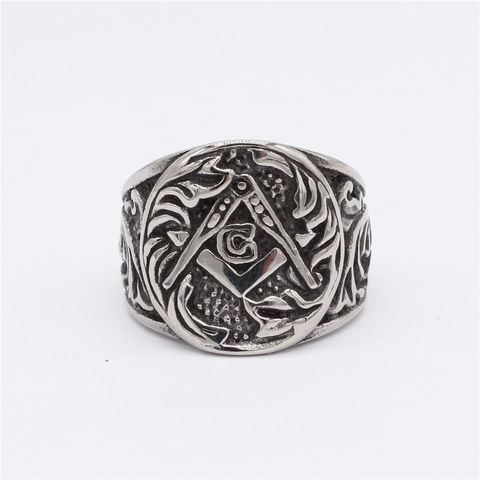 Anillo Masónico de Acero de Titanio para Hombre Vintage Símbolo G Compás Escuadra Masonería Relieve Punk Biker Joyería Regalo