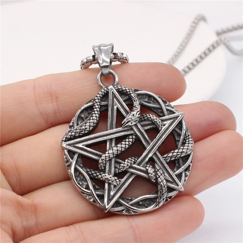 Men Vintage Gothic Schlange Pentagramm Anhänger Halskette Retro Gealtert Titanstahl Rund Hohl Schmuck Für Herren Geschenk