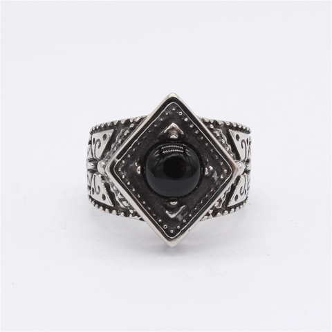 Anello da Uomo Vintage in Acciaio Inossidabile Con Pietra Sintetica Nera Tonda Motivo Geometrico Gotico Punk Inciso Gioielli Regalo