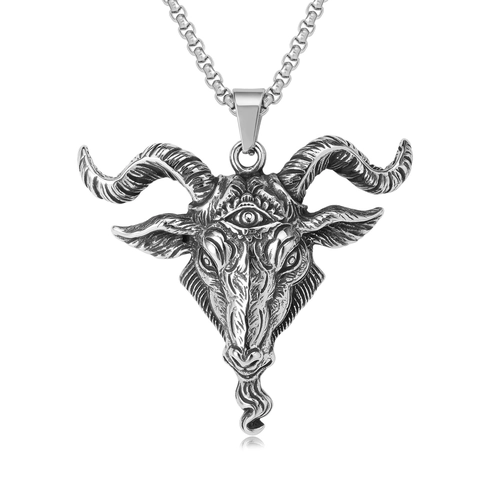 Ciondolo Baphomet Vintage Gothic per Uomo in Acciaio al Titanio Inciso Ossidato Testa di Capra Malocchio Solo Ciondolo