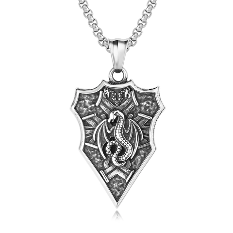 Vintage Titanium Steel Dragon Relief Shield Pendant For Men Retro Punk Gothic Oxidized Flying Dragon Jewelry Gift No Chain