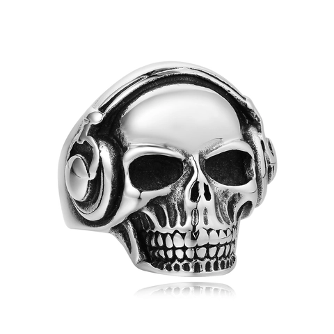 Retro Punk Skull Wearing Headphones Stainless Steel Ring For Men Gothic Rock Hip Hop Biker Finger Ring Fashion Jewelry Gift