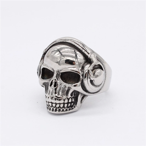Retro Punk Skull Wearing Headphones Stainless Steel Ring For Men Gothic Rock Hip Hop Biker Finger Ring Fashion Jewelry Gift