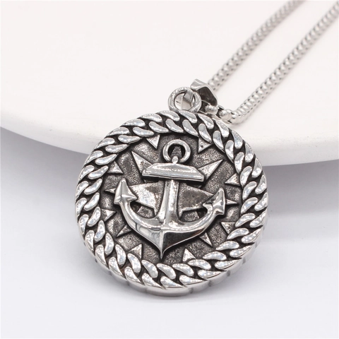 Collana Con Ciondolo a Ancora e Bussola in Acciaio Inossidabile Vintage per Uomo Gioielli a Medaglione Rotondo Nautico