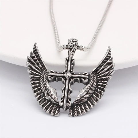 Gothic Retro Fallen Angel Wings Cross Pendant For Men Women Stainless Steel Punk Religious Jewelry Gift Antique Silver