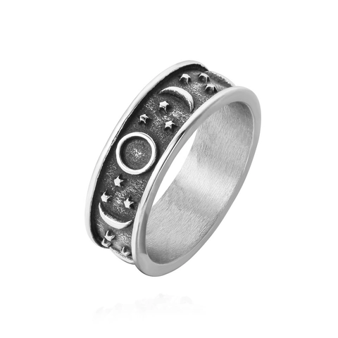 Vintage Titanstahl Himmlische Stern Mond Relief Ring Für Damen Herren Retro Antiksilber Oxidiertes Finish Band Ring Mystischer Astrologie Schmuck