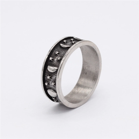 Vintage Titanstahl Himmlische Stern Mond Relief Ring Für Damen Herren Retro Antiksilber Oxidiertes Finish Band Ring Mystischer Astrologie Schmuck